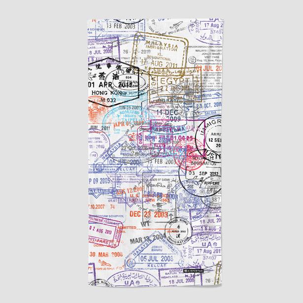 aviation themed beach towel with passport stamps