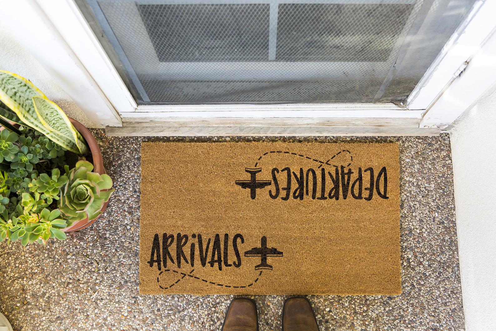 arrivals, departure doormat, aviation themed home decor, aviation themed gifts, travel themed gifts, gifts for flight attendants, gifts for pilots